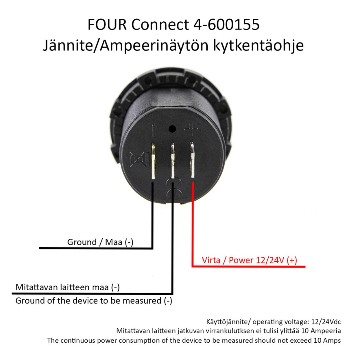 4 Connect Voltmeter med Amperemåler, vanntett,12-24V