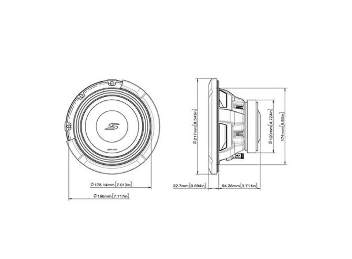 Alpine S2-W8D2 8” subwoofer 2 Ohm DVC
